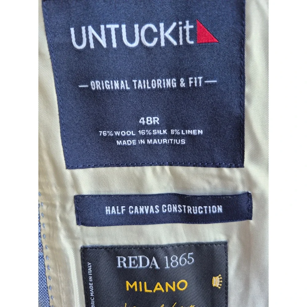UNTUCKit Vasquez Blue Plaid Wool Silk Linen Sport Coat Blazer 48R Reda‎ Fabric